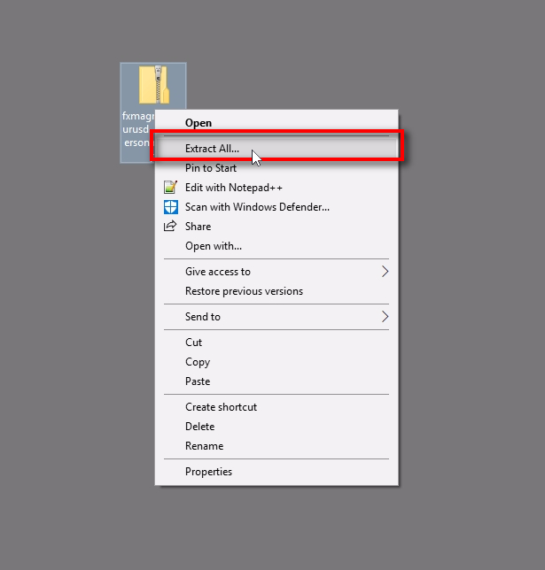 Extracting FxMagnetic files;Locate the FxMagnetic package you've downloaded. Click right mouse button to open a pop-up menu and click on 