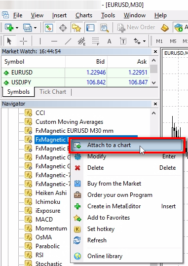 Attach FxMagnetic to the chart;Locate the FxMagnetic indicator in the 
