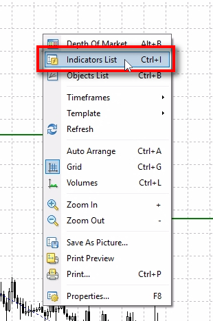 Changing settings or removing the indicator from the chart;If you want to change indicator settings or remove it from the chart, first you need to open indicators list. Click right mouse button anywhere on the chart and choose 