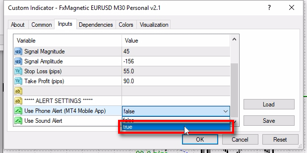 Changing indicator settings;Once the indicator properties window opens you can switch to 