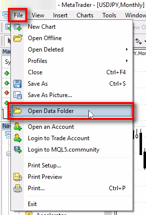 Open MT4 Data Folder;Switch to the MT4 window and open 
