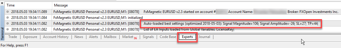 FxMagnetic EURUSD shows info about automatically loaded best settings for current timeframe (1-minute)