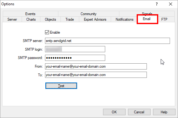 Configuring MT4 to send emails through Sendgrid