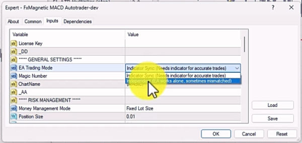General Settings, EA Trading Mode variable