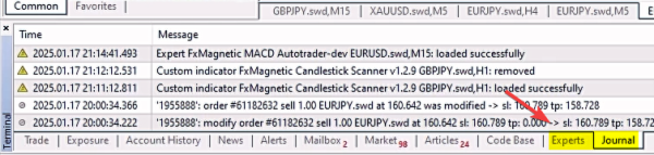 Terminal Panel in Metatrader 4